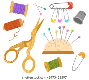 Juego de accesorios de costura. Carretes de rosca, almohadilla con alfileres, tijeras y dedal. Suministros para costura. Ilustración vectorial plana de artículos para artesanía aislada sobre fondo blanco