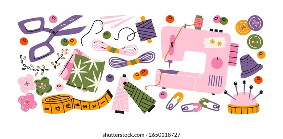 Sewing accessories stickers in retro cartoon style. Tools: sewing machine, scissors, pins. Illustration in funky, doodle style, trendy shapes set	
