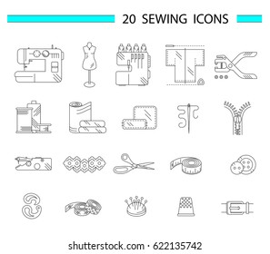 Sewing accessories and supplies line icon set. Sewing machine, overlock, needle, thread, centimeter tape, buttons, lace, scissors, fabric, hole punch. Vector illustration.