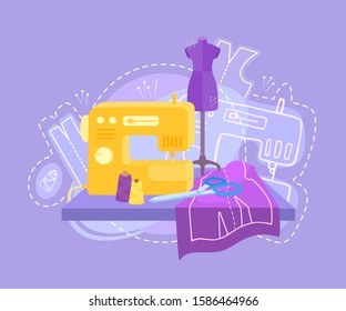 Sewing accessories. Tailor's table, a pattern on the fabric, tailor scissors, thread spools, a sewing machine, a pin mannequin. Vector cartoon illustration on a colored background.