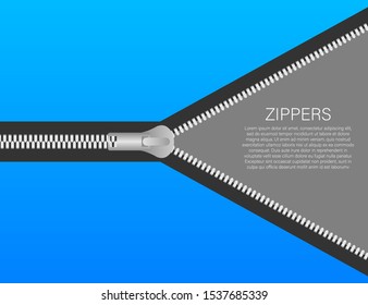 Sewing accessory zipper. Metallic open zippers and pullers. Stock vector illustration.