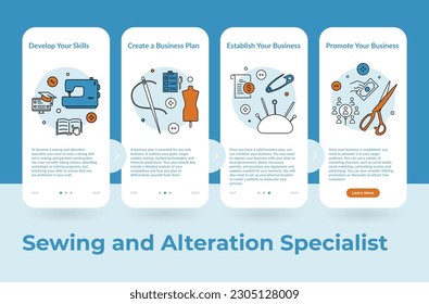 Sewing and alteration specialist mobile application page with line elements vector illustration. Clothes designer commercial handyman tailoring atelier web service promo fashion workshop app design