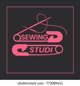 Sewing alterations studio logo design template - simplistic and elegant logotype in pink and gray colors