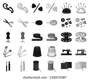 Sewing, atelier black,monochrome icons in set collection for design. Tool kit vector symbol stock web illustration.