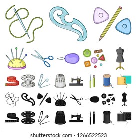 Sewing, atelier cartoon, black icons in set collection for design. Tool kit vector symbol stock web illustration.