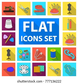 Sewing, atelier flat icons in set collection for design. Tool kit vector symbol stock web illustration.