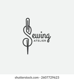 Sewing atelier logo design template with stylized letter S. Linear graphic style. Vector illustration.