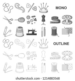 Sewing, atelier monochrom icons in set collection for design. Tool kit vector symbol stock web illustration.