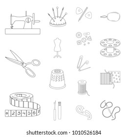 Sewing, atelier outline icons in set collection for design. Tool kit vector symbol stock web illustration.
