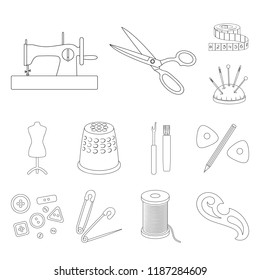 Sewing, atelier outline icons in set collection for design. Tool kit vector symbol stock web illustration.
