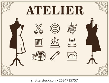 Sewing Atelier Tools Set Flat Vintage Icons