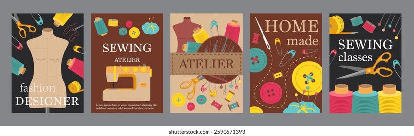 Sewing atelier typography template posters. Vertical covers with mannequin, threads, needles, machine, pins, scissors, other tailor sings. Modern banners set in minimalism design. Vector illustration.