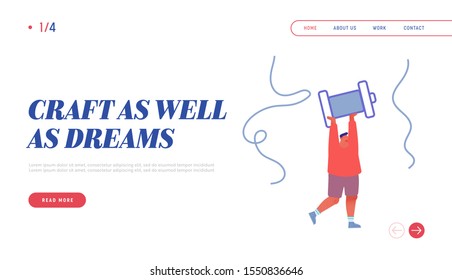 Sewing Atelier Workshop Website Landing Page. Tailor Worker or Dressmaker Holding Skein Thread above Head. Textile Clothing Manufacturing, Fashion Web Page Banner. Cartoon Flat Vector Illustration