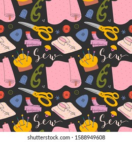 Sewing backdrop made of colorful simple illustrations, seamless vector pattern with tailoring tools, sewing machine, scissors and other equipment, modern  hand drawn background for tailor shop.