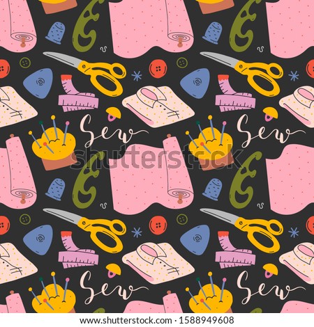 Sewing backdrop made of colorful simple illustrations, seamless vector pattern with tailoring tools, sewing machine, scissors and other equipment, modern  hand drawn background for tailor shop.