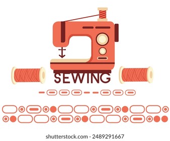 Nähen Banner Design. Retrote Nähmaschine mit Fadenstrang. Klassische Geräte für Hobby oder Schneider. Vektorillustration auf weißem Hintergrund