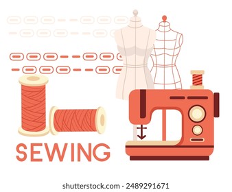 Sewing banner design. Retro red sewing machine with skein of thread and with dummy mannequin. Vintage equipment for hobby or dressmaker. vector illustration on white background