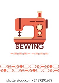 Nähen Banner Design. Retrote Nähmaschine mit Fadenstrang. Klassische Geräte für Hobby oder Schneider. Vektorillustration auf weißem Hintergrund