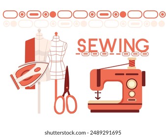 Sewing banner design. Retro red sewing machine with skein of thread and with dummy mannequin. Vintage equipment for hobby or dressmaker. vector illustration on white background