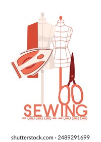 Sewing banner design. Retro red sewing machine with skein of thread and with dummy mannequin. Vintage equipment for hobby or dressmaker. vector illustration on white background