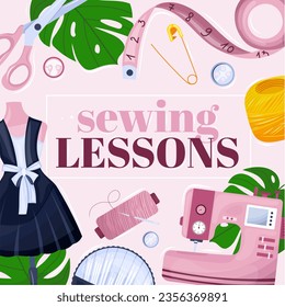 Sewing banner design . Sewing tools collection. Sewing machine, needles, thread. Hand drawn vector illustration. Banner for sewing atelier, workshop, webinar, courses, tailoring. 