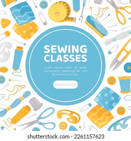 Sewing Banner Design with Tools for Handmade Craft Vector Template