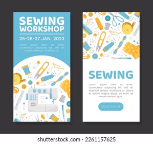 Sewing Banner Design with Tools for Handmade Craft Vector Template