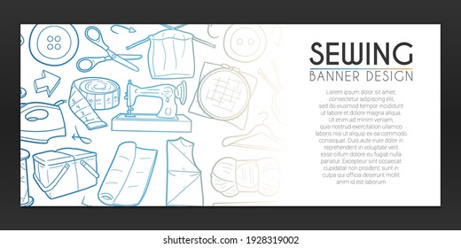 Sewing Banner Doodle. Embroidery Background Hand drawn. Handcraft Hobby Icons illustration. Vector Horizontal Design.