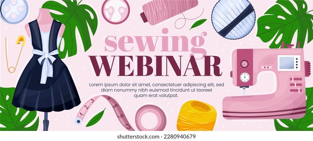 Diseño de banner de costura o página de aterrizaje . Costando el webinar. Máquina de coser, agujas, hilo, manequina, vestido. Ilustración vectorial dibujada a mano. Cartel para taller de costura, taller, seminarios web, cursos.