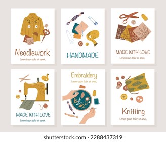 Sewing banners set. Collection of posters for website with embroidery and dress. Fabric, thread and needle. Seamstress and atelier tools. Cartoon flat vector illustrations isolated on beige background