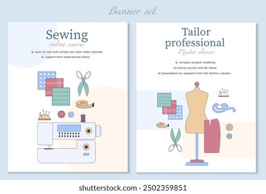 Conjunto de Anuncios de costura. Ilustración vectorial. Para sastres, talleres, talleres de costura