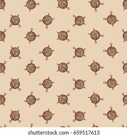 Sewing beige color pattern with tangle and spokes. Yarn ball and sewing needles vector illustration