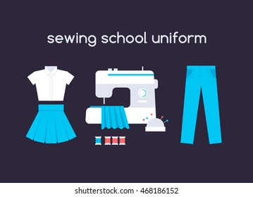 Sewing boy's and girl's uniform clothes set: white unisex shirt, short blue skirt and blue trousers. Sewing machine in atelier with cloth, colorful threads and pins. Flat icons of apparel.