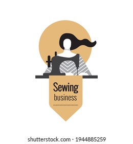 Sewing business. Icon, logo. A woman and a sewing machine. Seamstress, job, profession.