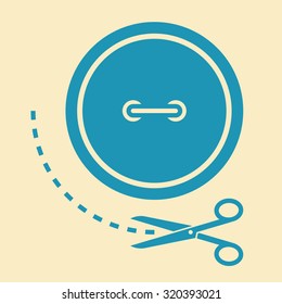 Sewing button and scissors symbol on light background