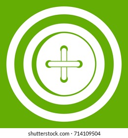 Sewing button with a thread icon white isolated on green background. Vector illustration