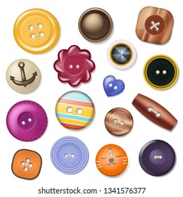 Sewing button vector fashion design clothing accessory collection clothes tailor illustration set of colorful plastic cloth round object to sew dress isolated on white background