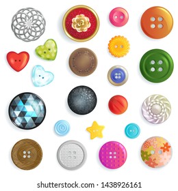 Sewing button vector fashion design clothing accessory tailor collection illustration set of colorful kids plastic cloth round object heart star to sew clothes dress isolated on white background