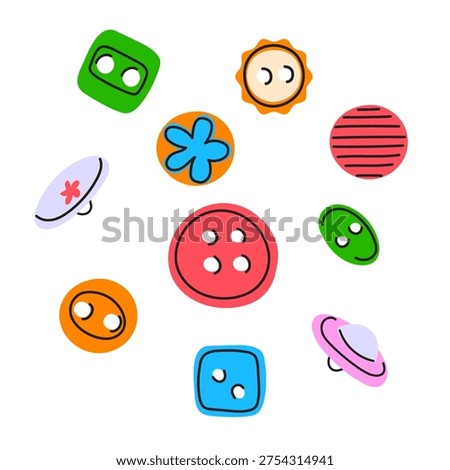 Sewing button vector set. Colorful clothes fasteners for tailor workshop, handmade hobby branding, and craft store flat illustration.