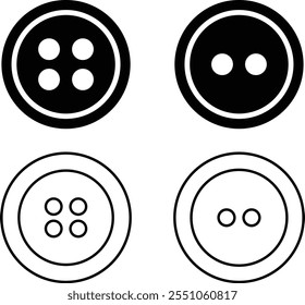 Sewing Buttons black flat and line sketch icon set. Decorative buttons for fasteners dresses garments Jeans Clothing and Accessories vector collection isolated on transparent background.