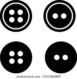 Sewing Buttons black flat sketch icon set. Decorative buttons for fasteners dresses garments Jeans Clothing and Accessories vector collection isolated on transparent background.