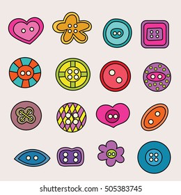 Sewing buttons design set. Cartoon free hand draw doodle vector illustration.
