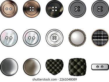 Sewing buttons flat sketch vector illustration set, different types of button, shank, flat and metal, tweed , pearl buttons. Vector items for fashion clothing.