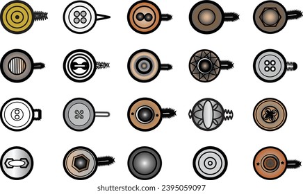 Sewing Buttons flat sketch vector illustration set, different types of Shirt Buttons, Shank button, Flat buttons and Decorative buttons for fasteners, dresses garments, Jeans, Clothing and Accessories