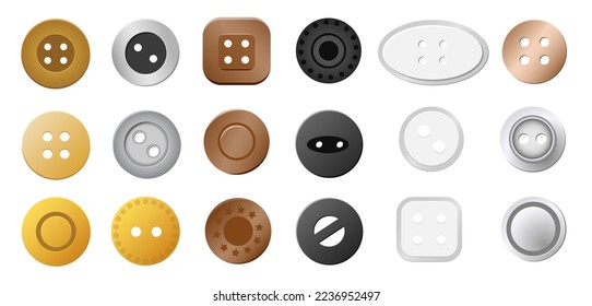 Sewing buttons. Gold silver metal bronze copper cloth rivets, craft needlework clothing accessories various shapes. Vector textile isolated collection.Fashionable dressmaking elements