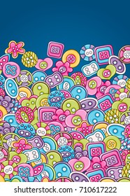Sewing buttons handmade craft concept in 3d cartoon doodles background design. Hand drawn colorful vector illustration.