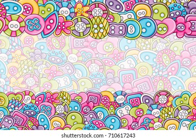 Sewing buttons handmade craft concept in 3d cartoon doodles background design. Hand drawn colorful vector illustration.