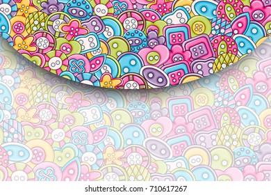 Sewing buttons handmade craft concept in 3d cartoon doodles background design. Hand drawn colorful vector illustration.