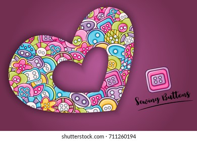 Sewing buttons handmade craft concept in 3d cartoon doodles background design. Hand drawn colorful vector illustration.