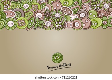 Sewing buttons handmade craft concept in 3d cartoon doodles background design. Hand drawn colorful vector illustration.